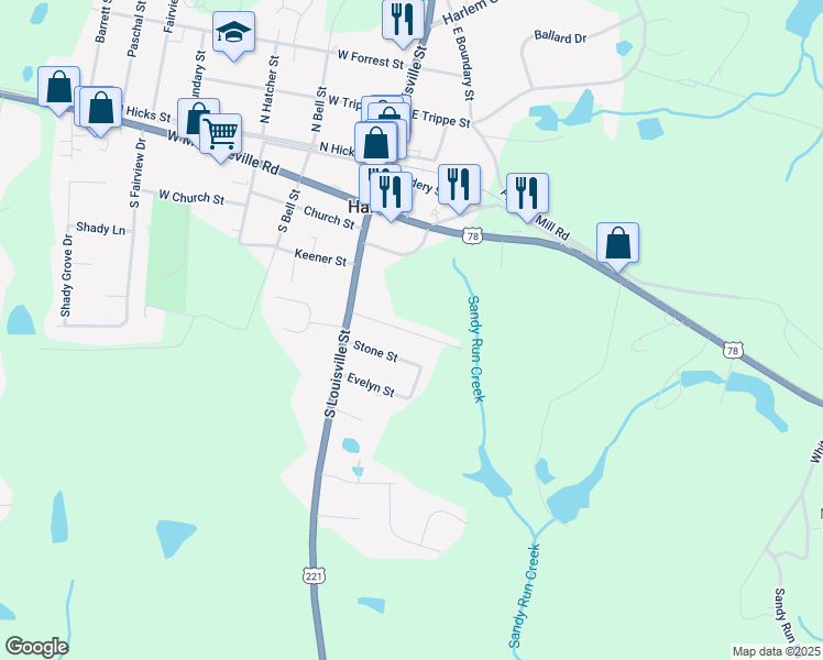 map of restaurants, bars, coffee shops, grocery stores, and more near 119 Village Run in Harlem