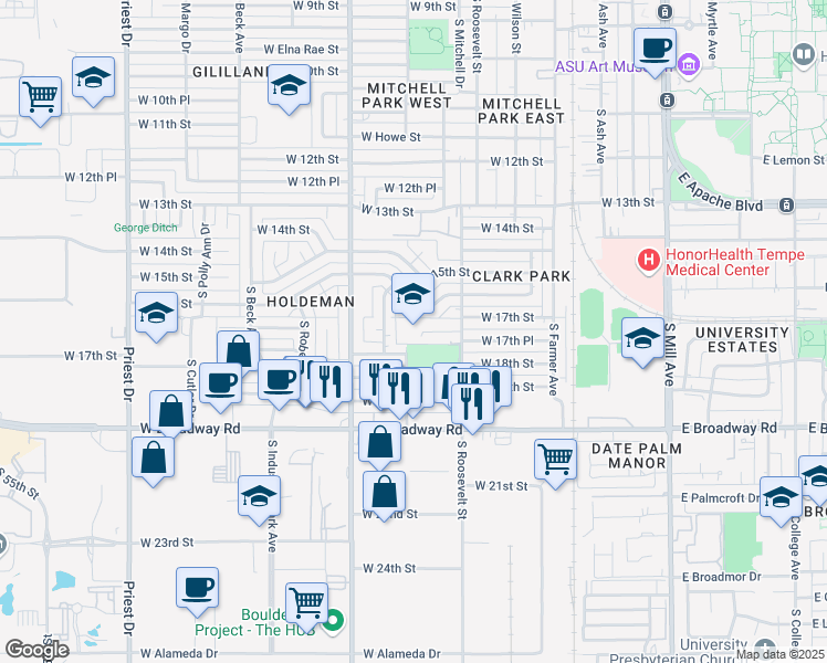 map of restaurants, bars, coffee shops, grocery stores, and more near 639 West 16th Street in Tempe