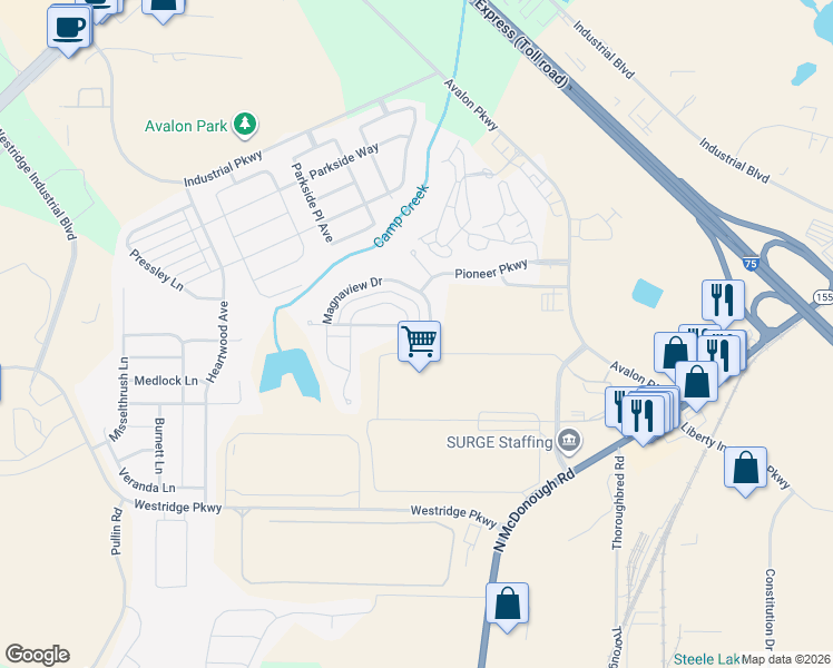 map of restaurants, bars, coffee shops, grocery stores, and more near 235 Magnaview Drive in McDonough