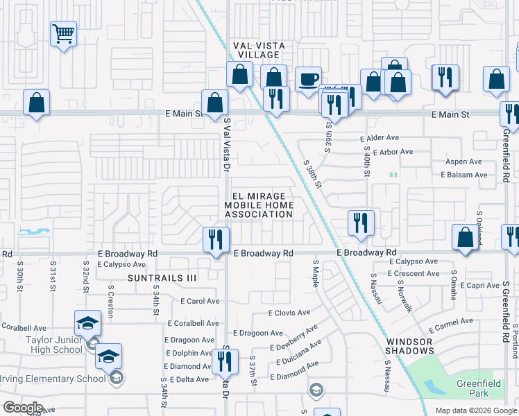 map of restaurants, bars, coffee shops, grocery stores, and more near 305 South Val Vista Drive in Mesa