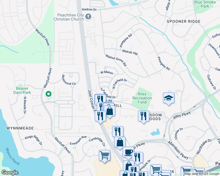 map of restaurants, bars, coffee shops, grocery stores, and more near 505 North Fairfield Drive in Peachtree City