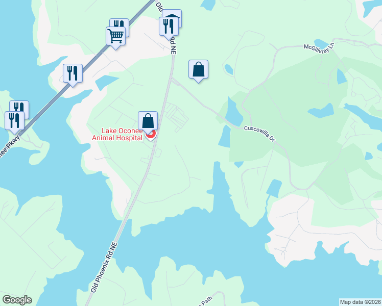 map of restaurants, bars, coffee shops, grocery stores, and more near 154 Phoenix Drive in Eatonton