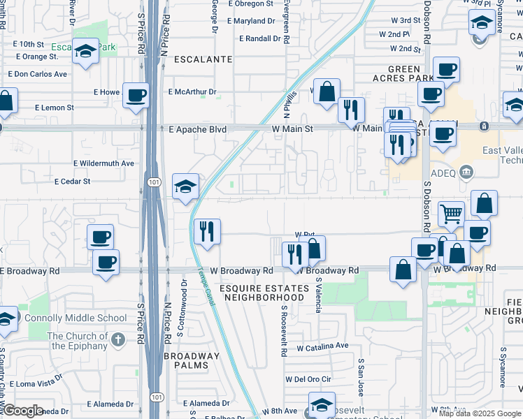 map of restaurants, bars, coffee shops, grocery stores, and more near Evergreen Apartment in Mesa