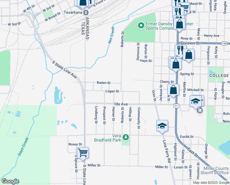 map of restaurants, bars, coffee shops, grocery stores, and more near 1026 Wilson Street in Texarkana