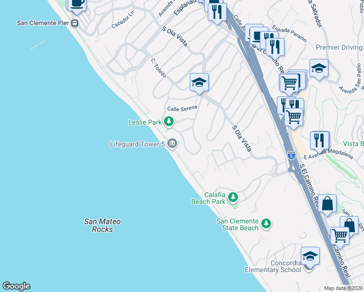 map of restaurants, bars, coffee shops, grocery stores, and more near 2010 Calle De Los Alamos in San Clemente