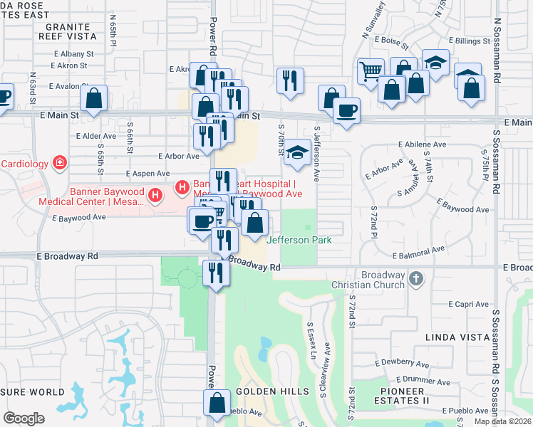 map of restaurants, bars, coffee shops, grocery stores, and more near 215 South Power Road Medical Center in Mesa