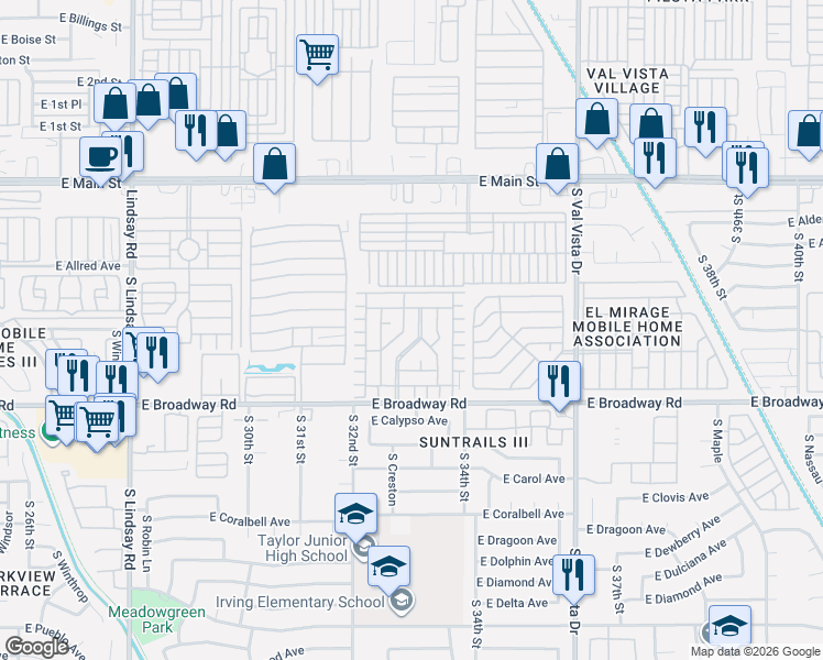 map of restaurants, bars, coffee shops, grocery stores, and more near La Mesa Avenue in Mesa