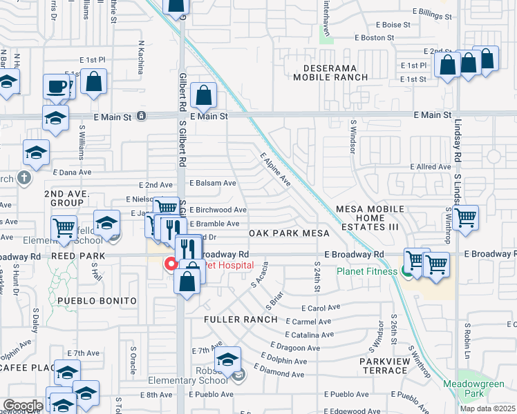 map of restaurants, bars, coffee shops, grocery stores, and more near 2253 East Baywood Avenue in Mesa