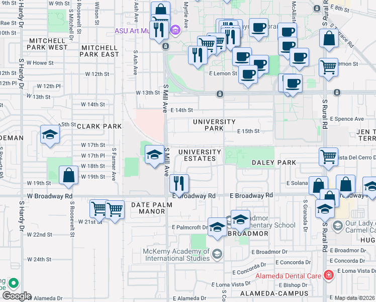 map of restaurants, bars, coffee shops, grocery stores, and more near East Parkway Boulevard in Tempe