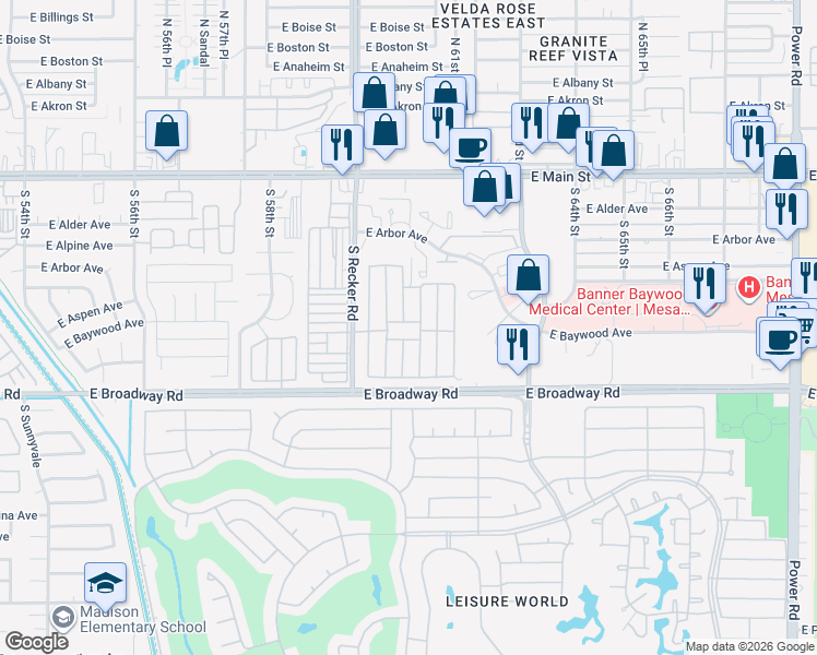 map of restaurants, bars, coffee shops, grocery stores, and more near 303 South Recker Road in Mesa