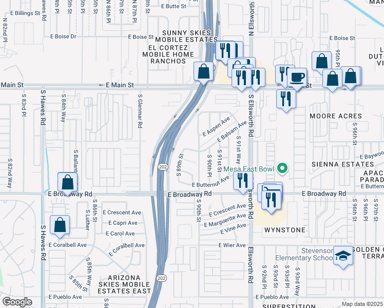 map of restaurants, bars, coffee shops, grocery stores, and more near 8954 East Balsam Avenue in Mesa