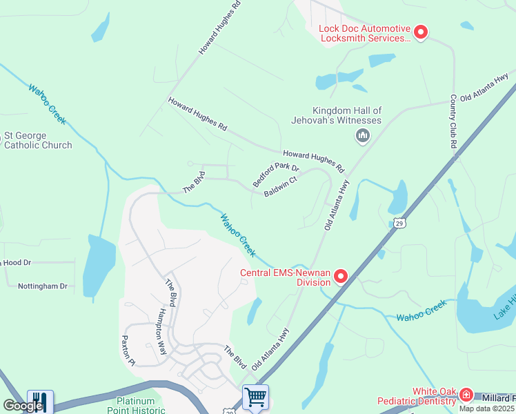 map of restaurants, bars, coffee shops, grocery stores, and more near 138 Bedford Park Drive in Newnan