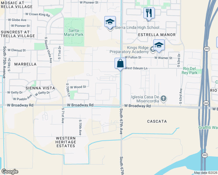 map of restaurants, bars, coffee shops, grocery stores, and more near 6765 West Southgate Avenue in Phoenix