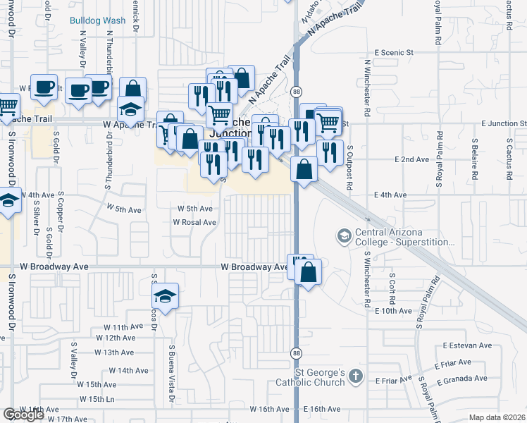 map of restaurants, bars, coffee shops, grocery stores, and more near 447-499 4th Ave in Apache Junction