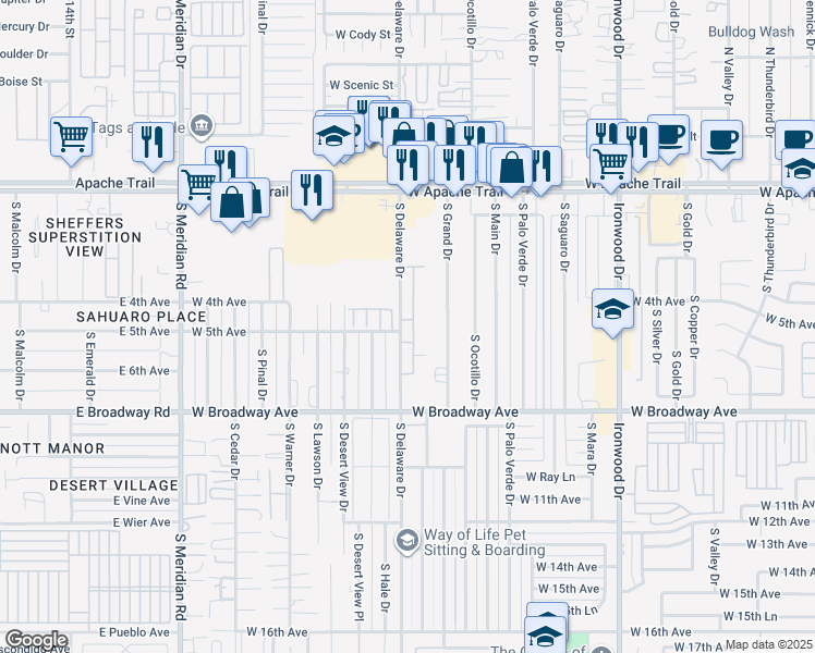 map of restaurants, bars, coffee shops, grocery stores, and more near 455 South Delaware Drive in Apache Junction