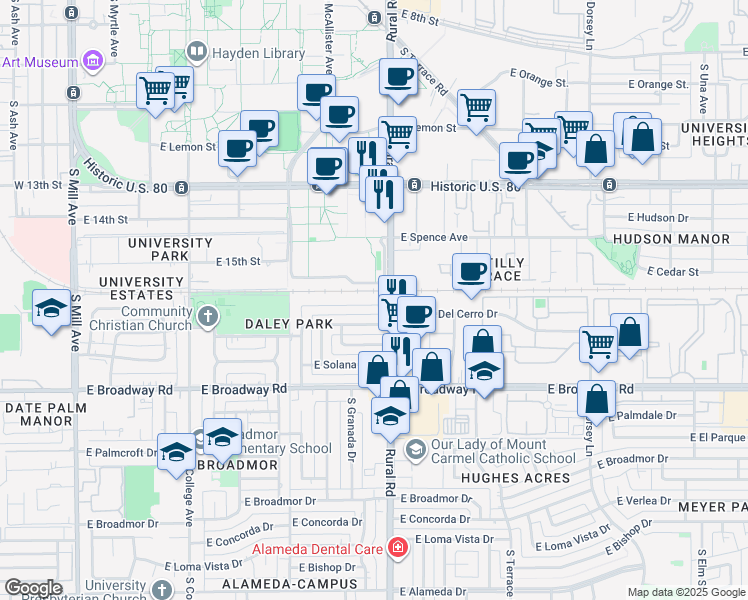 map of restaurants, bars, coffee shops, grocery stores, and more near 732 East Vista Del Cerro Drive in Tempe