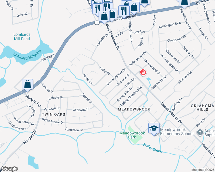 map of restaurants, bars, coffee shops, grocery stores, and more near 3630 Meadowgrove Drive in Augusta