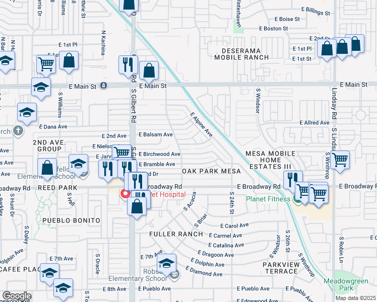map of restaurants, bars, coffee shops, grocery stores, and more near 2253 East Baywood Avenue in Mesa