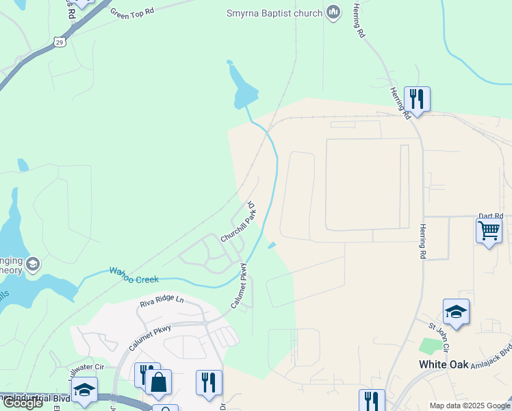 map of restaurants, bars, coffee shops, grocery stores, and more near 45 Churchill Park Drive in Newnan