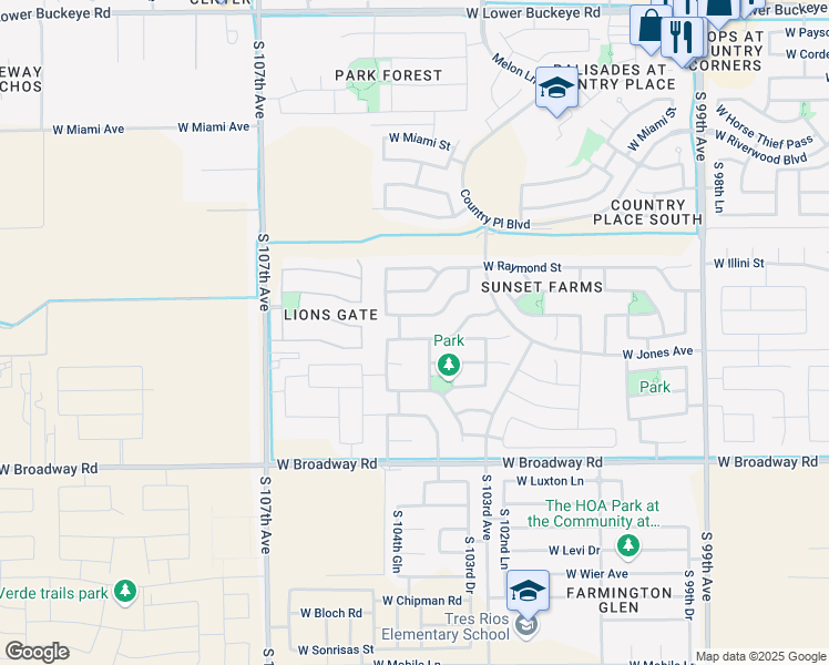 map of restaurants, bars, coffee shops, grocery stores, and more near 10418 West Odeum Lane in Tolleson