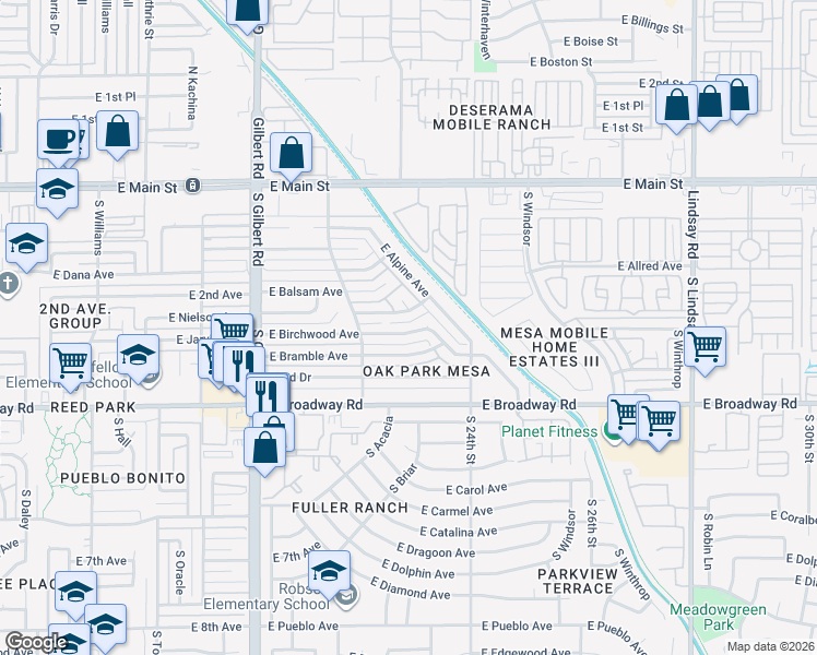 map of restaurants, bars, coffee shops, grocery stores, and more near 2253 East Baywood Avenue in Mesa