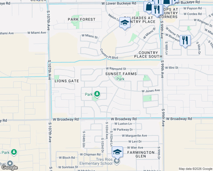 map of restaurants, bars, coffee shops, grocery stores, and more near 10326 West Odeum Lane in Tolleson