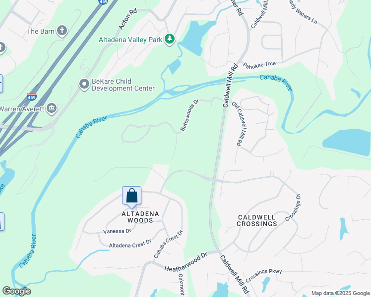 map of restaurants, bars, coffee shops, grocery stores, and more near 4505 Buttewoods Lane in Birmingham