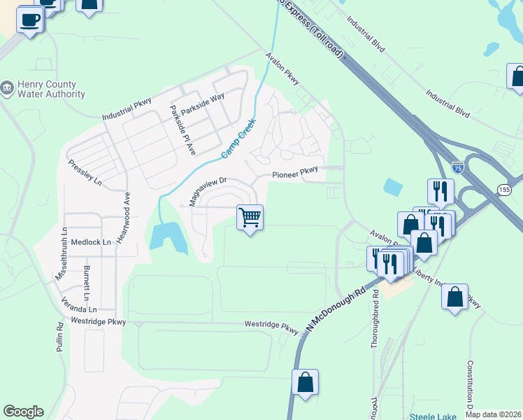 map of restaurants, bars, coffee shops, grocery stores, and more near 217 Magnaview Drive in McDonough
