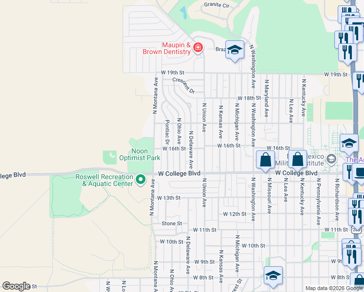 map of restaurants, bars, coffee shops, grocery stores, and more near 1605 North Ohio Avenue in Roswell