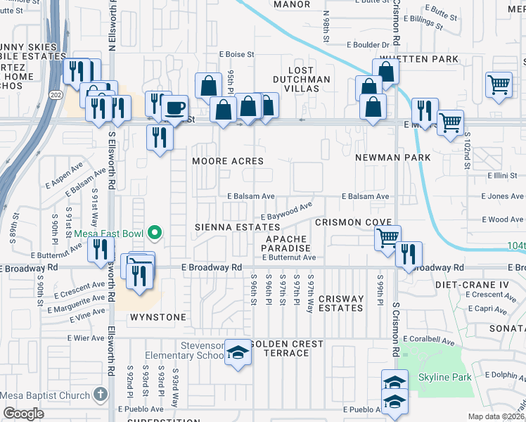 map of restaurants, bars, coffee shops, grocery stores, and more near 203 South 96th Street in Mesa
