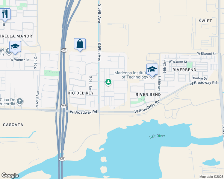 map of restaurants, bars, coffee shops, grocery stores, and more near 4046 South 58th Lane in Phoenix