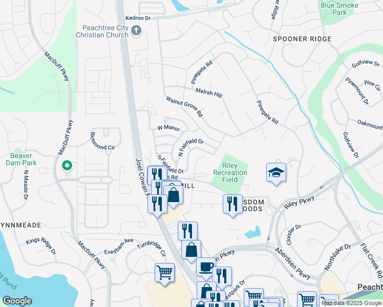 map of restaurants, bars, coffee shops, grocery stores, and more near 732 South Fairfield Drive in Peachtree City