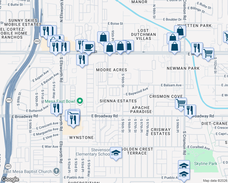 map of restaurants, bars, coffee shops, grocery stores, and more near 230 South Aaron in Mesa