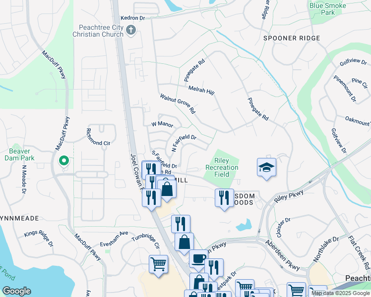 map of restaurants, bars, coffee shops, grocery stores, and more near 732 South Fairfield Drive in Peachtree City