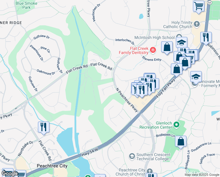 map of restaurants, bars, coffee shops, grocery stores, and more near 101 Rosemont in Peachtree City