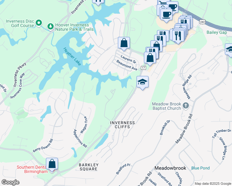 map of restaurants, bars, coffee shops, grocery stores, and more near 1405 Inverness Landing in Birmingham