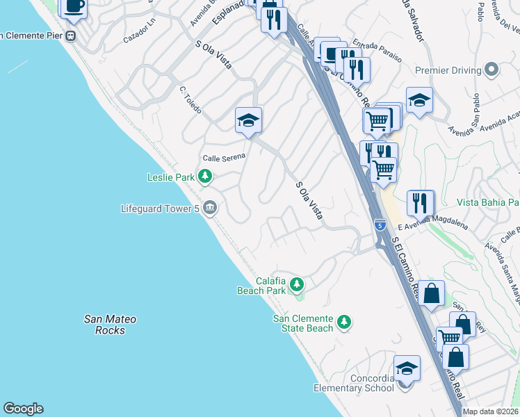 map of restaurants, bars, coffee shops, grocery stores, and more near 237 West Avenida Alessandro in San Clemente