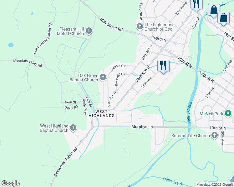 map of restaurants, bars, coffee shops, grocery stores, and more near 919 27th Avenue North in Hueytown