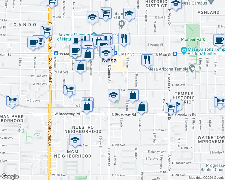 map of restaurants, bars, coffee shops, grocery stores, and more near 157 South Center Street in Mesa