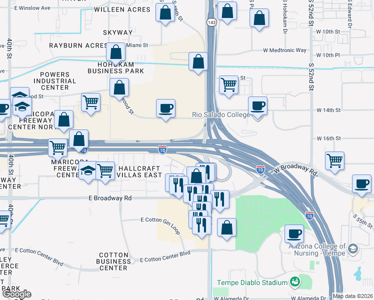 map of restaurants, bars, coffee shops, grocery stores, and more near Broadway Curve in Phoenix