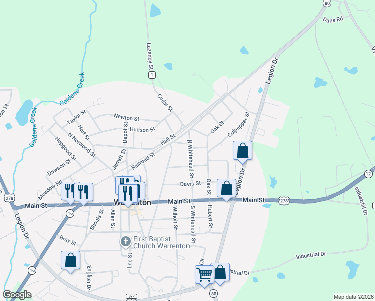 map of restaurants, bars, coffee shops, grocery stores, and more near 243 North Whitehead Street in Warrenton