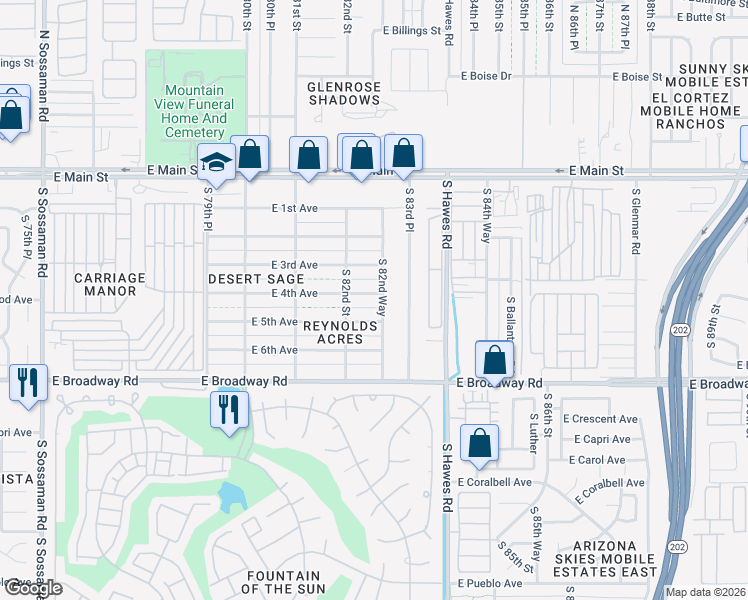 map of restaurants, bars, coffee shops, grocery stores, and more near 8225 East 4th Avenue in Mesa