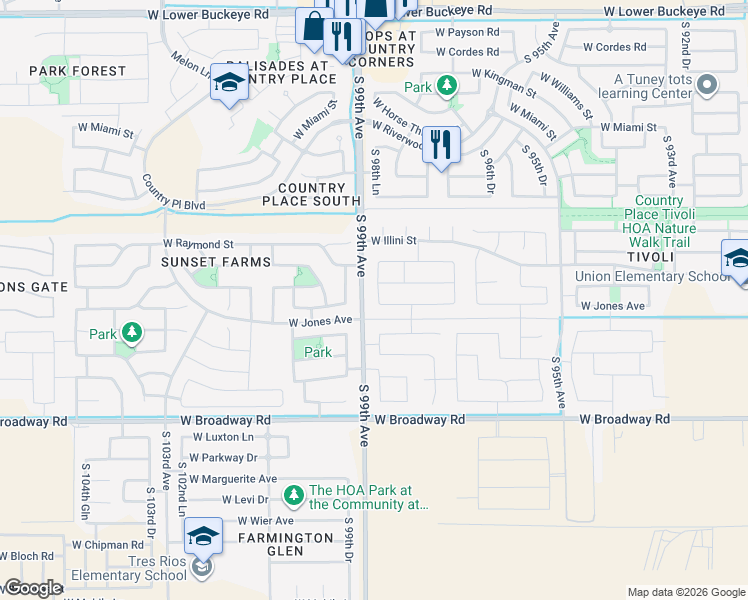 map of restaurants, bars, coffee shops, grocery stores, and more near 3825 South 99th Avenue in Tolleson