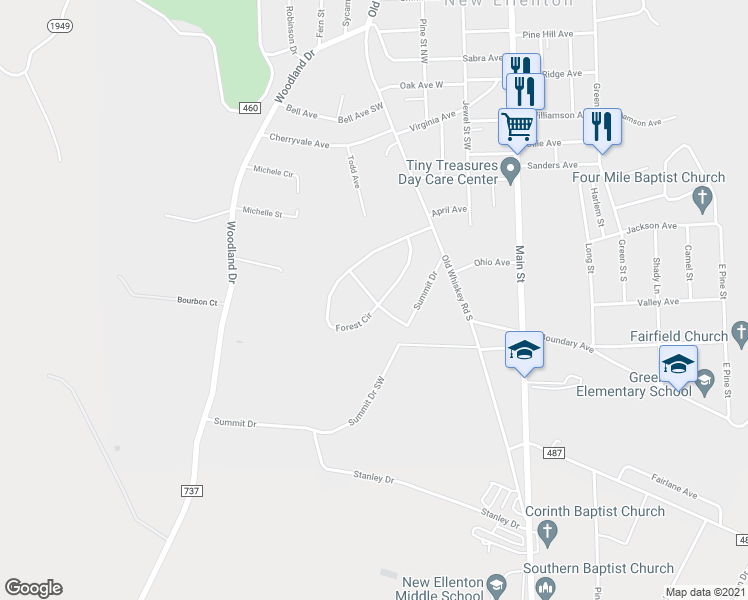 map of restaurants, bars, coffee shops, grocery stores, and more near 409 Hillcrest Drive in New Ellenton