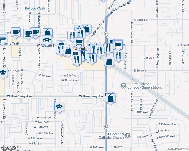map of restaurants, bars, coffee shops, grocery stores, and more near 447-499 4th Ave in Apache Junction