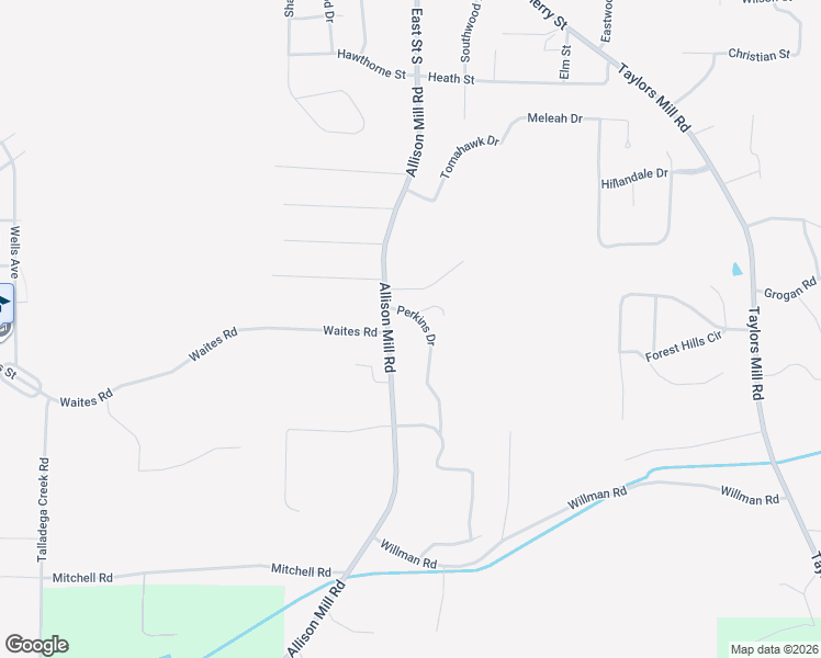 map of restaurants, bars, coffee shops, grocery stores, and more near 110 Perkins Drive in Talladega