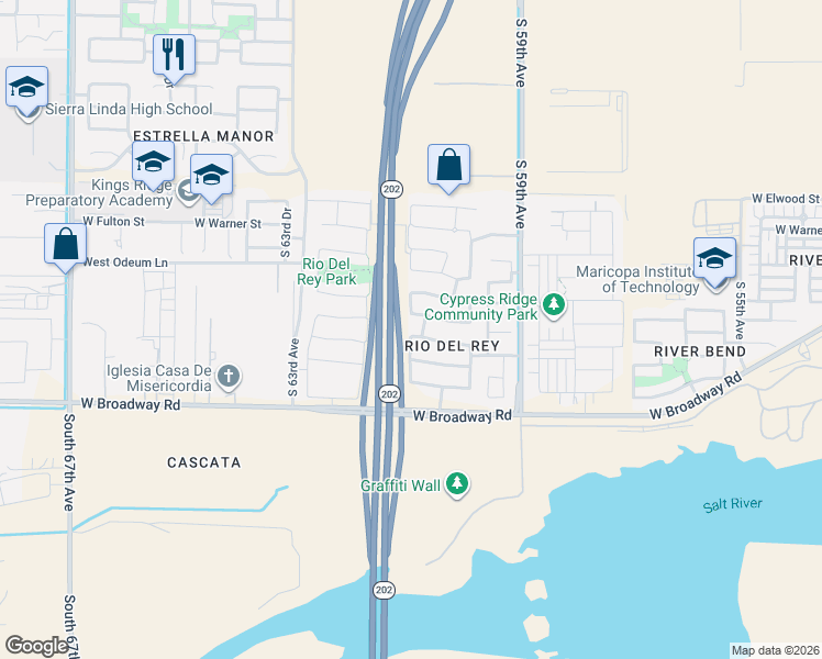 map of restaurants, bars, coffee shops, grocery stores, and more near 6058 West Encinas Lane in Phoenix