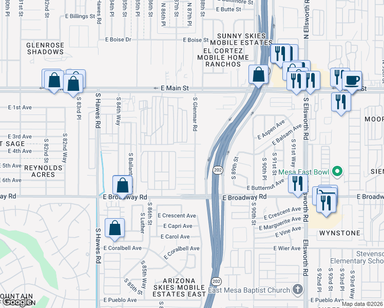 map of restaurants, bars, coffee shops, grocery stores, and more near 211 South Glenmar Road in Mesa