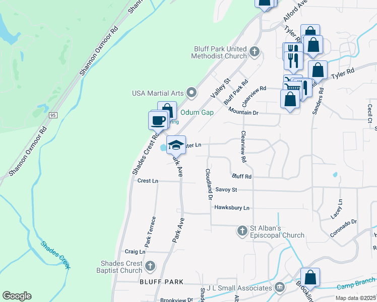 map of restaurants, bars, coffee shops, grocery stores, and more near 2112 Lester Lane in Birmingham