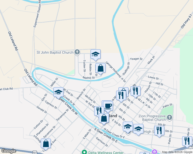 map of restaurants, bars, coffee shops, grocery stores, and more near 101 Milam Street in Leland